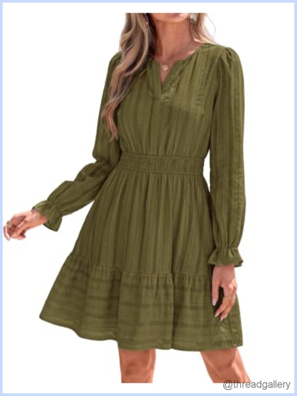 Women Long Sleeve V Neck Flowy A Line Mini Dress